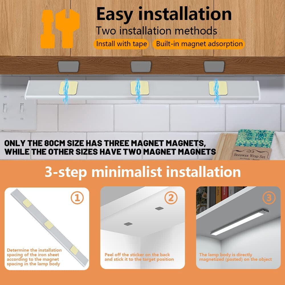 2 Pack Motion Sensor Under Cabinet Lights Indoor 16 Inch Rechargeable Under Cabinet Lighting Lights for Kitchen, Battery Powered 80 LED Stair Wall Closet Light Wireless Indoor - Silver