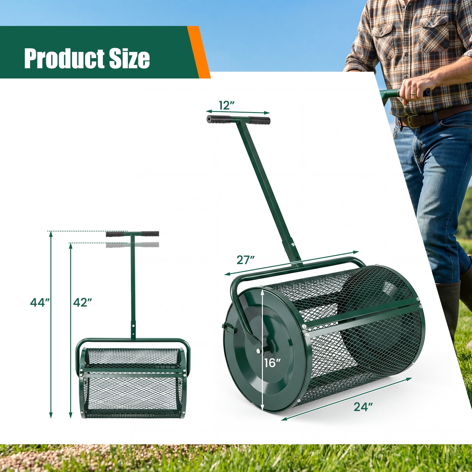 Gymax Compost SpreaderPeat Moss Spreader Roller w/Height-adjustable T-shape Handle Green