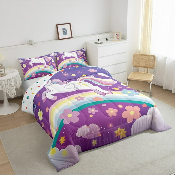 YST Unicorn Kids Bedding Set for Girls Twin Size Purple Unicorn Comforter Set Rainbows Galaxy Stars Comforter Set Twin Size Comforter Sets for Girls 2pcs Happy Birthday Decorations Walmart