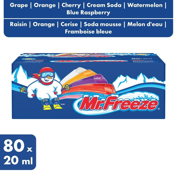 Mr. Freeze Regular Freeze Pops - Grape, Orange, Cherry, Cream Soda, Watermelon, Blue Raspberry - 80 x 20 ml, 80 x 20 ml