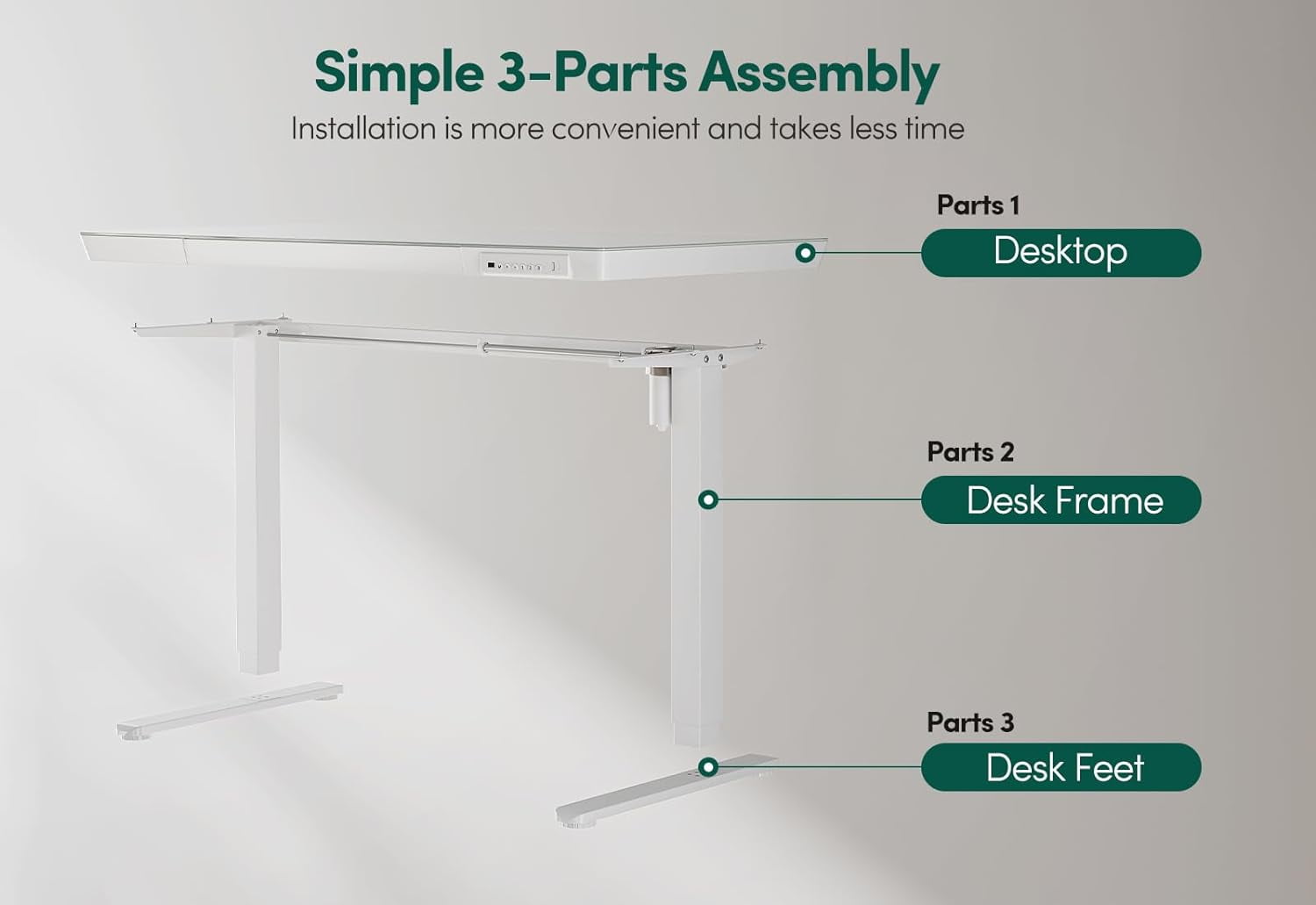 DESINO 48" Electric Standing Desk with Drawers, Whole-Piece Glass Adjustable Height Desk, One-Piece Adjustable Sit Stand Desk with USB Charge Ports, White