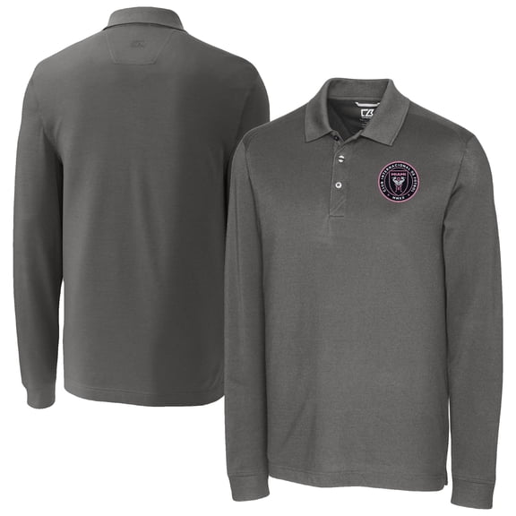 Men's-Cutter & Buck  Gray Inter Miami CF Big & Tall Advantage Eco Tri-Blend Pique Long Sleeve Polo