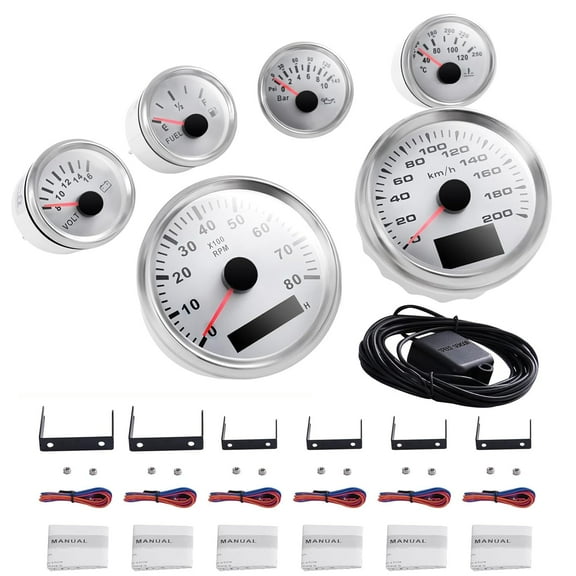 6 Oil Gauge Kit Set, Stainless Steel Vintage Mechanical Gauge for 1 to 9-Cylinder Gasoline Engine Include Speedometer & Oil Pressure & Fuel Level & Water Temperature & Tachometer & Volt Gauge
