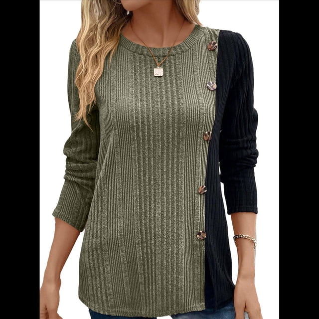 Camisa Asimétrica de Larga con Botones y Bloques de Color para Mujer, Ribete de Botones Claros y Abertura Lateral en la Cintura. Verde M