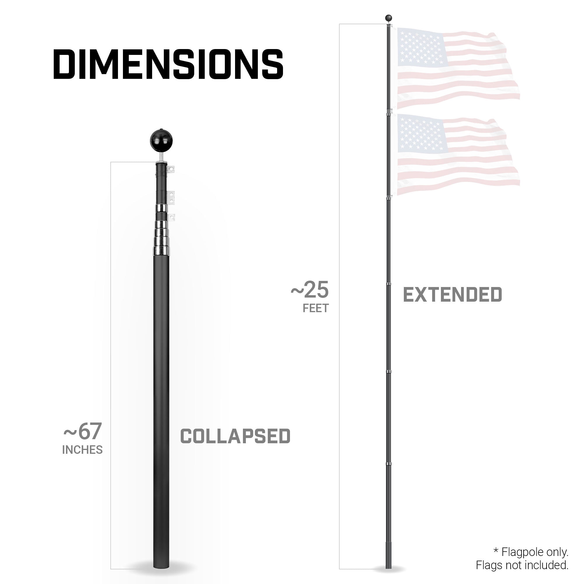G128-20 Ft Telescoping Flag Pole Aluminum Black | Flag Poles for Outdoor/Ground Heavy Duty | Flag EXCLUDED