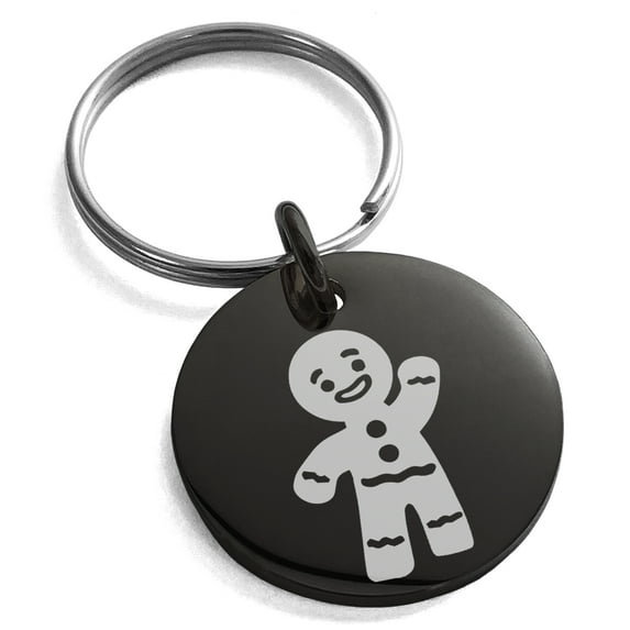 Black Stainless Steel Gingerbread Man Engraved Small Medallion Circle Charm Keychain Keyring