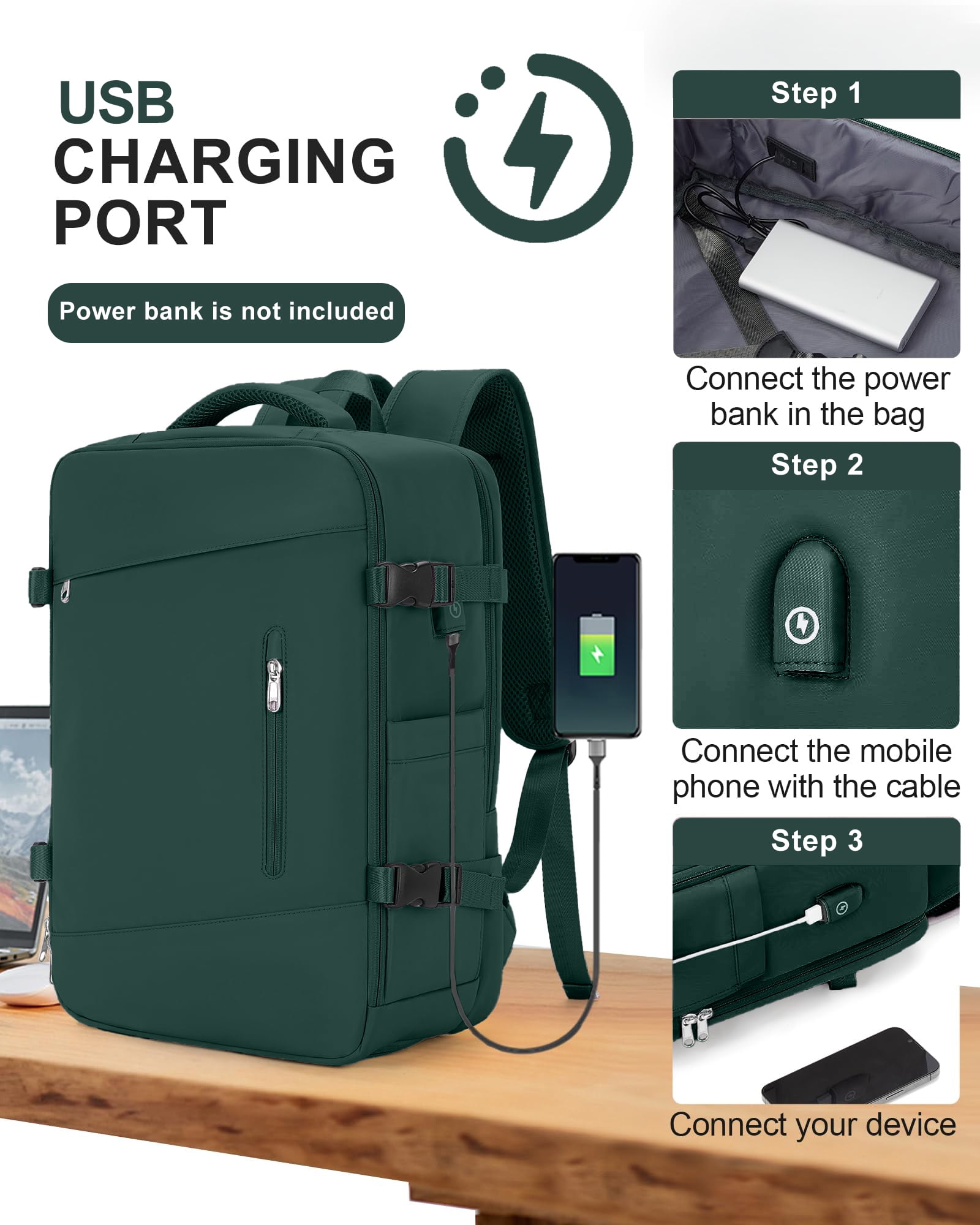 DAKIMOE Large Travel Backpack for Adults Carry on Laptop Backpack Flight Approved Waterproof College Bag with USB Charging Port & Shoe Pouch Casual Daypack for Women Men for Weekender Business, Green