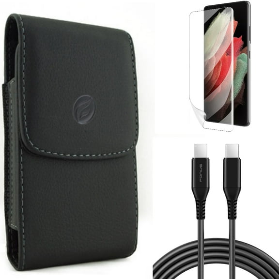 Matte Screen Protector & 10ft Long USB-C Cable & Case Belt Clip for Samsung Galaxy S22 Plus (S22 ) - Combo TPU Film Anti-Glare & PD Fast Charger Cord Power Wire & Leather Holster Cover