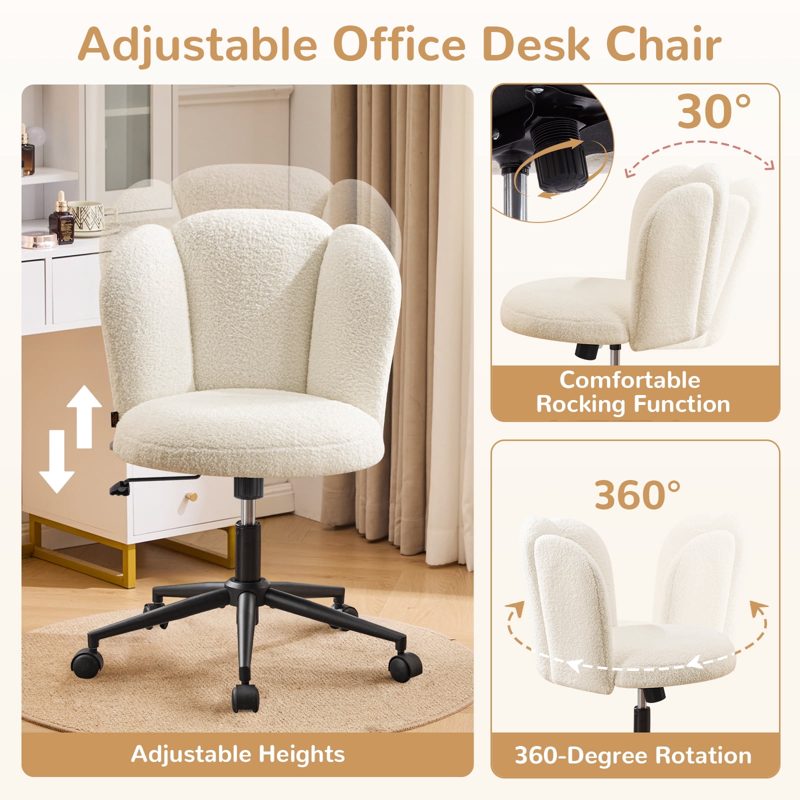Furniliving Modern Upholstered Home Office Chair with Cloud Shaped Backrest, Cute Armless Vanity Chair, 360° Swivel Height Adjustable Desk Chair, Computer Task Chair for Bedroom, White