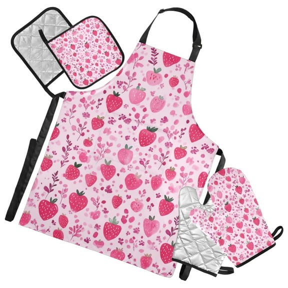 Pink Background with Strawberries Oven Mitts and Pot Holders with Chef Apron Set 5 Pcs Kitchen Cooking Set