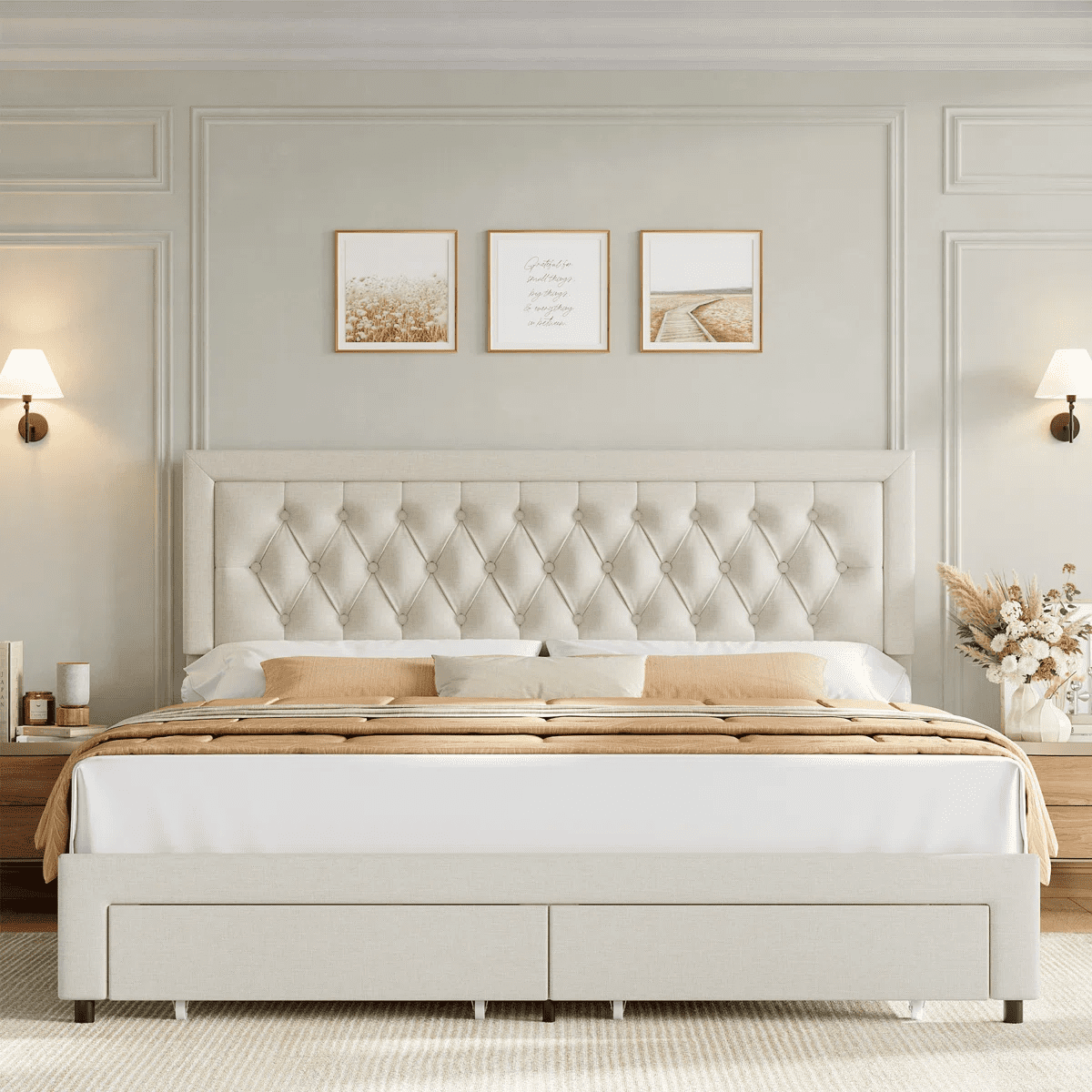 Homfa Full Size Bed Frame with Storage, Linen Upholstered Platform Bed with 2 Storage Drawers & Adjustable Button Headboard, Beige