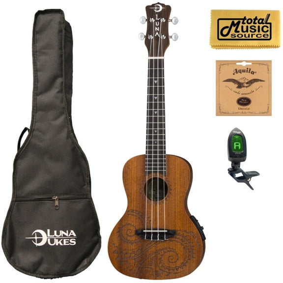 Luna Guitars A/E Concert Tattoo LEFTY w/Strings,Tuner & PC, UKE TEC MAH L COMP