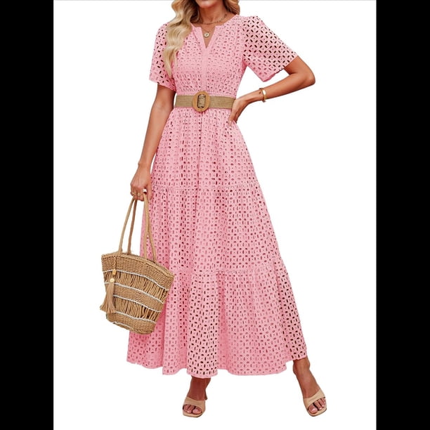 Vestido Informal de Verano para Mujer, de Corta, con Escote en V, Aberturas, Volantes y Ojales, Corte A Rosa M