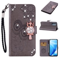 Dteck Case for OnePlus Nord N200 5G,Magnetic Bling Diamond Leather Card Holder Wallet Owl Pattern Case Kickstand Shockproof Protective Phone Cover with Wrist Strap,Gray