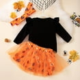 thumbnail image 5 of Weebloom Halloween Toddler Outfits For Girls Infant Letters Cartoon Pumpkin Printing Flying Sleeve Long Sleeve Romper Short Skirt With Headband 3Pc Suit Dailywear Outfit 12-18 Months Orange, 5 of 6