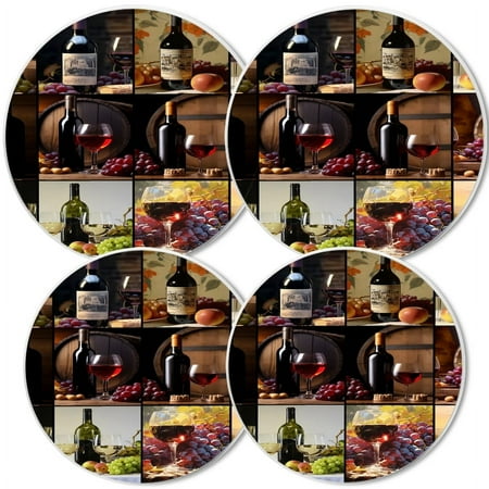 

Electric Stove Burner Covers Set of 4 White Round Cover for Gas Stovetop 8 and 10 Inch Collage Of Wine Bottles and Glasses