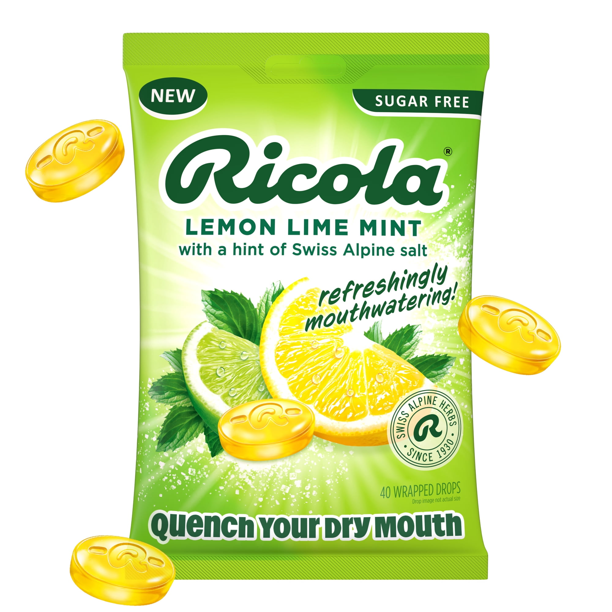 Ricola Sugar Free Lemon Lime Mint Mouthwatering Drops to Quench Dry Mouth, 40 Count