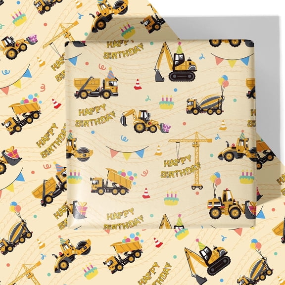 Construction Wrapping Paper – Yellow Mixer Truck Crane Balloon Gift Wrap for Birthday Party, Folded Sheets, Easy to Store