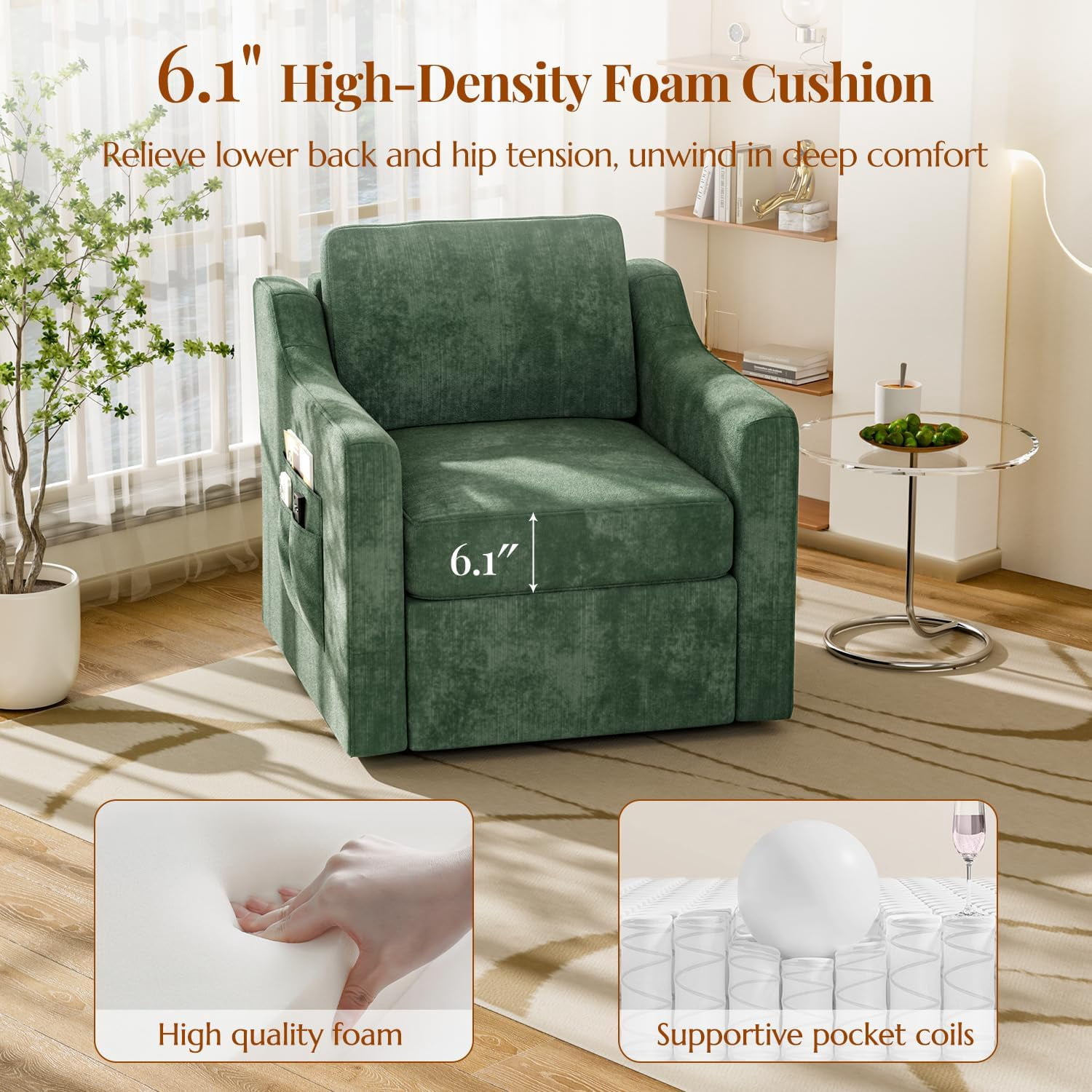 ZBOM 360° Swivel Modern Accent Chair Set of 2, Large Comfy Reading Chairs, Accent Square Single-seat Armchair Upholstered Sofa for Reading, Living Room, Bedroom, Green