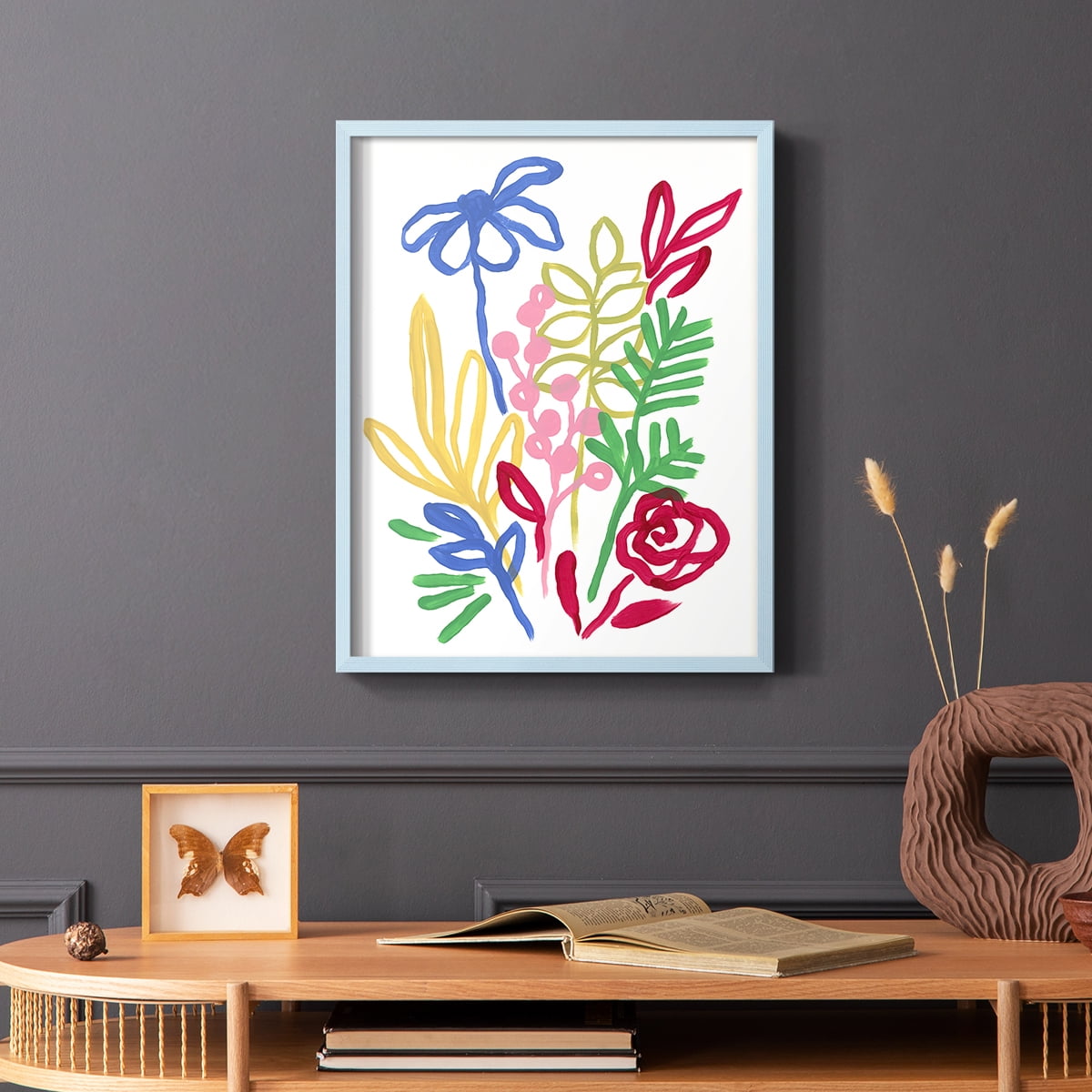 Bold Brushstroke Blooms I Framed Print in Blue Solid Wood Framed Print No Nail Hanging