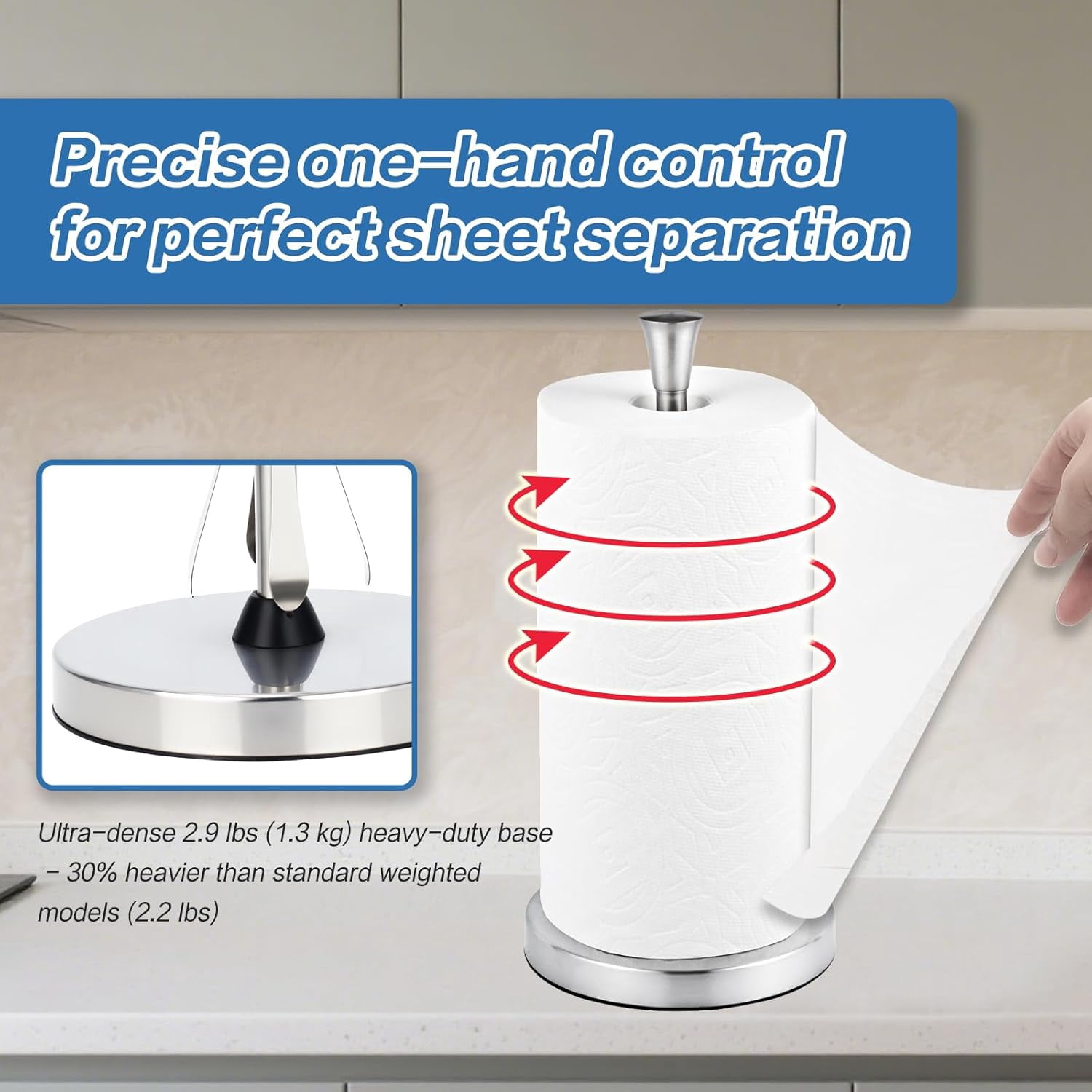 Paper Towel Holder Countertop With Suction Cups - Heavy Duty (2.9 Lbs) Stainless Steel Dispenser  One-hand Tear For Kitchen Fits Standard & Mega Rolls