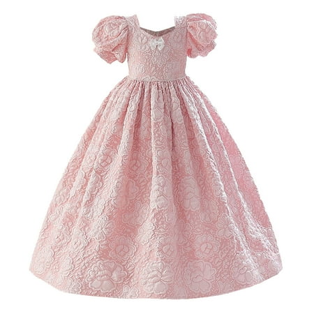 

Penkiiy Toddler Girls Puff Sleeve Flower Bow Ruffles Birthday Party Gown Long Dresses 5-6 Years Pink