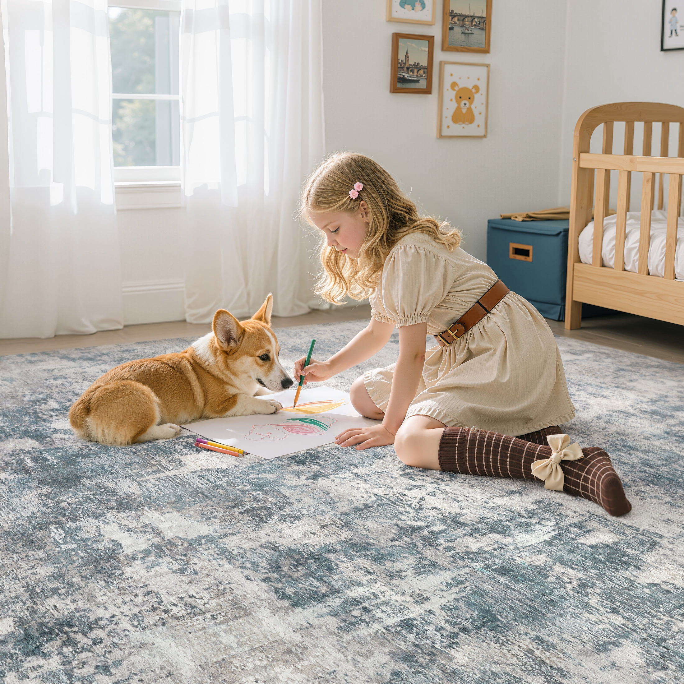 UERMEI 9x12 Washable Area Rugs for Living Room, Modern Abstract Printed Rug, Vacuum-Friendly, Non Slip Indoor Rug for Bedroom Dining Room Home Decor Carpet, Dark Blue/Gray
