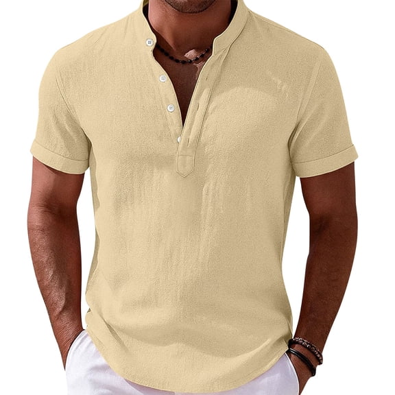 Zimjoy Men's Henley Shirts Casual Short Sleeve Bamboo Linen Band Collar Shirt Summer Button Basic Tee Khaki L