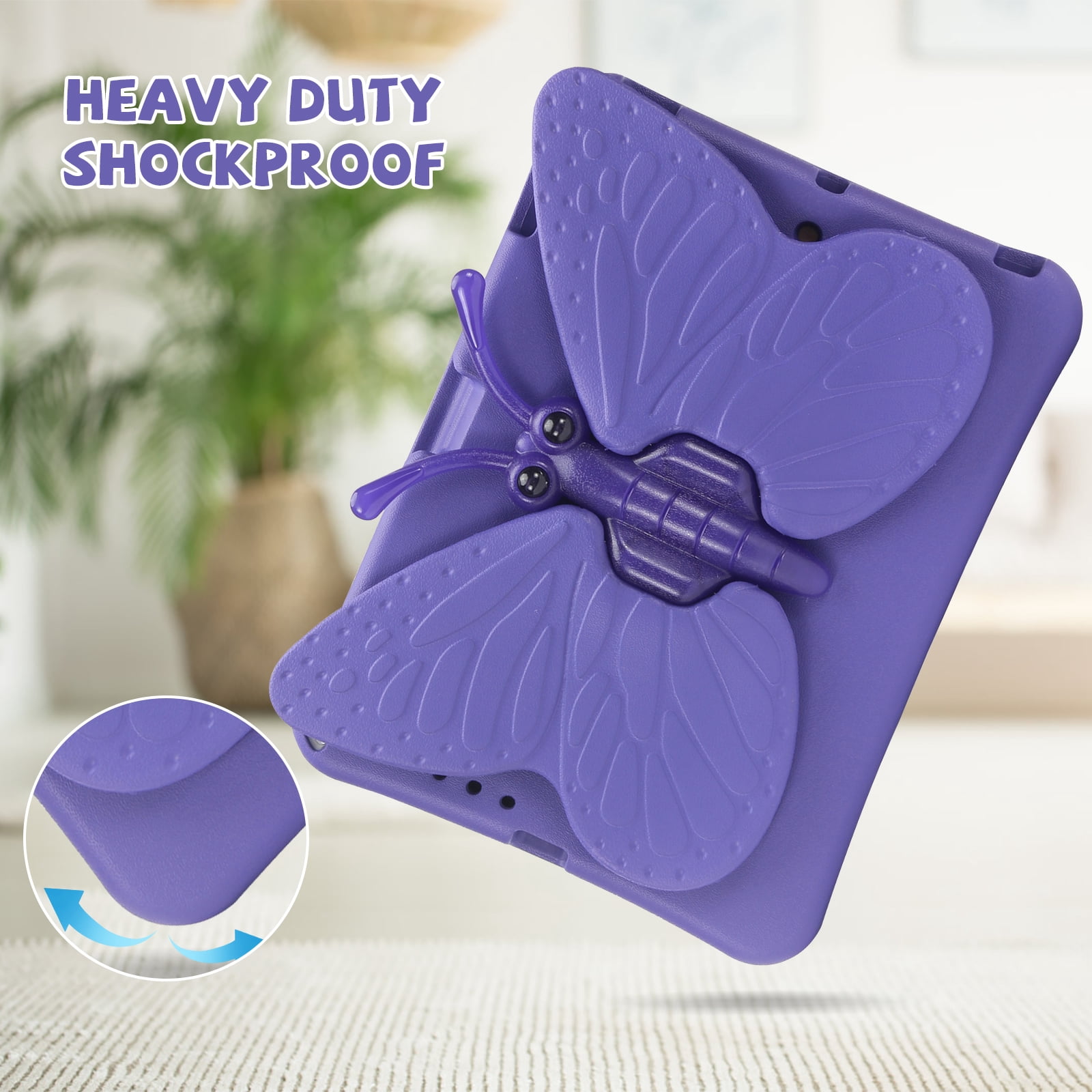 Kids Case for Apple iPad 9th 8th 7th Generation 2021/2020/2019 10.2 Inch, iPad Air 3rd Gen 10.5" Case, Cute Butterfly Rotating Stand Lightweight Kids Friendly Shockproof Case with Pencil Holder,Purple