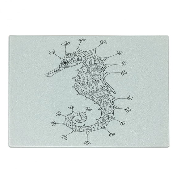 Animal Cutting Board, Seahorse Mediterranean Culture Roman Poseidon Heraldic Sign Print, Decorative Tempered Glass Cutting and Serving Board, Small Size, Charcoal Grey White, by Ambesonne