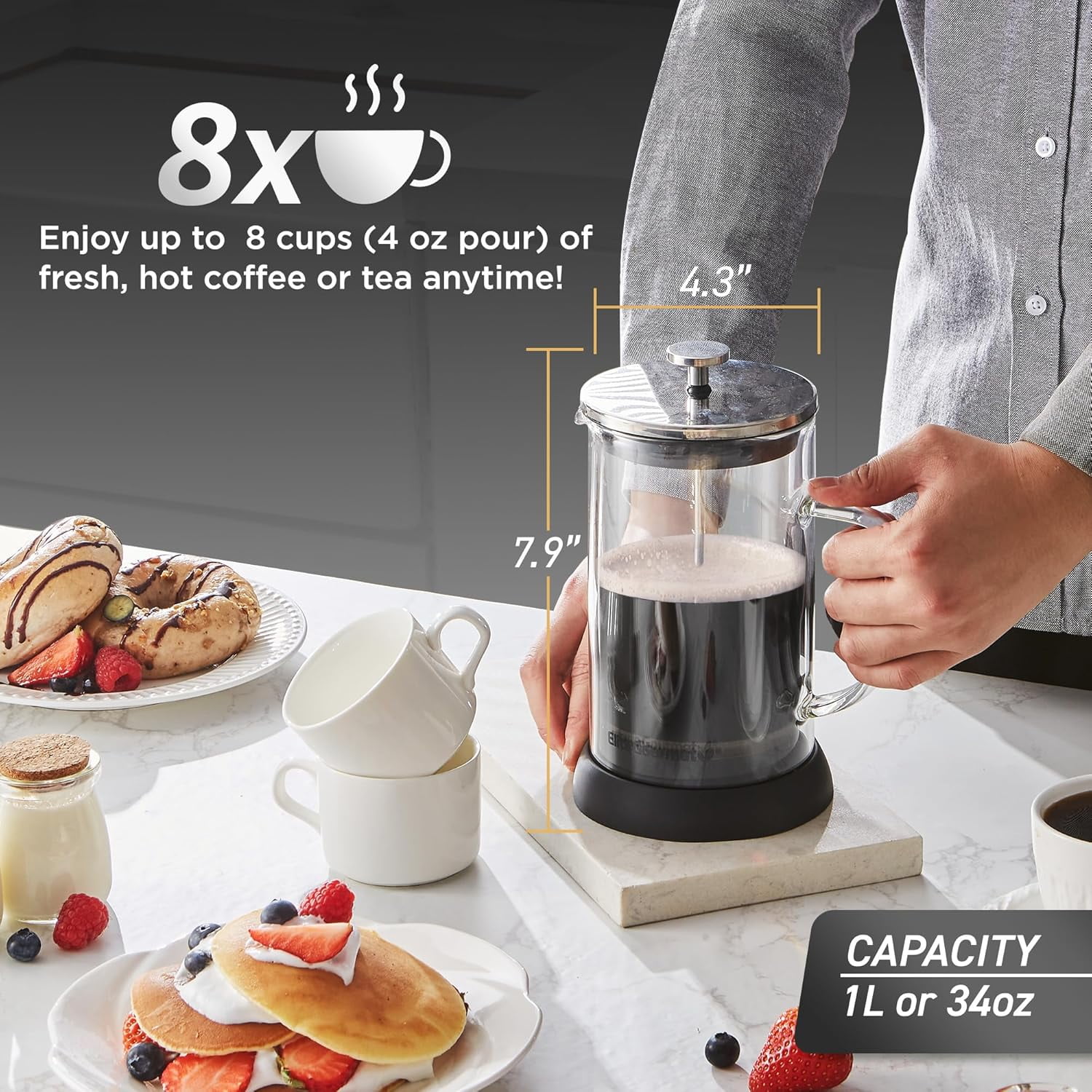 Elite Gourmet FP1223 1 Liter French Press Coffee Maker, Double Wall Insulated Borosilicate Glass Carafe, Dishwasher Safe Stainless Steel Filter/Plunger Assembly, Removable Silicone Base, Easy to Clea