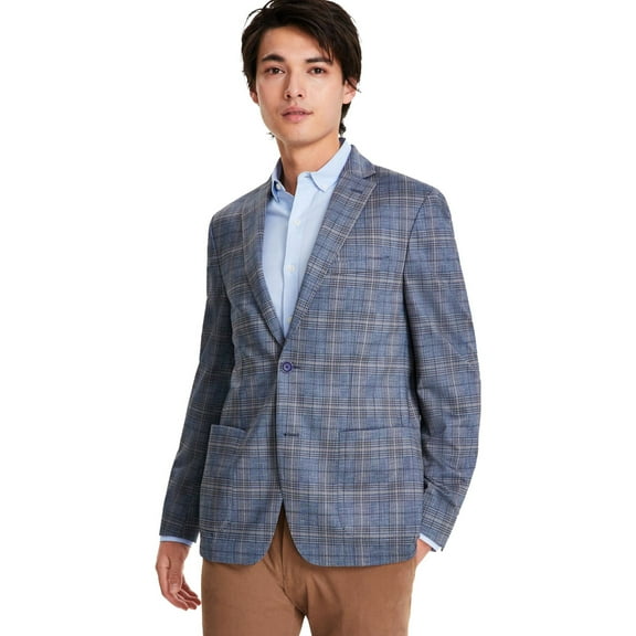 bar III Mens Plaid Two Button Blazer Jacket, Blue, 40 Short