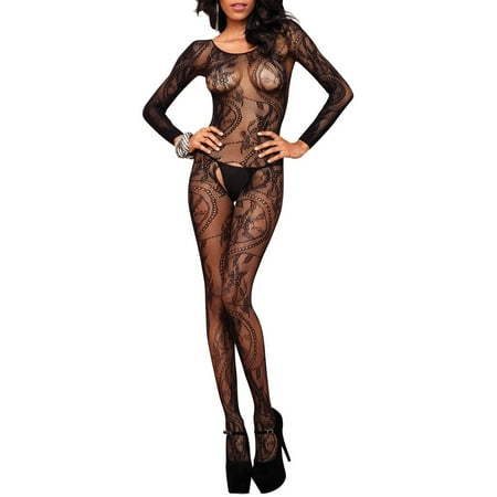 Lace Ruffle Bodystocking - Women's Sexy Crotchless Floral Lace Bodystocking
