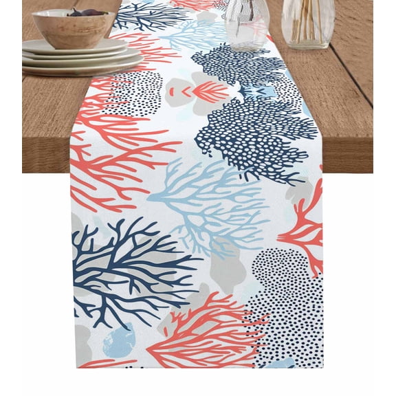 Hokiten Table Runners 48 Inches Long Dress Scarves, Blue Coral Farmhouse Kitchen/Dining Table Runner, Short Coffee Tablerunners, Summer Watercolor Ocean Botanical Textured 13x48 Inch