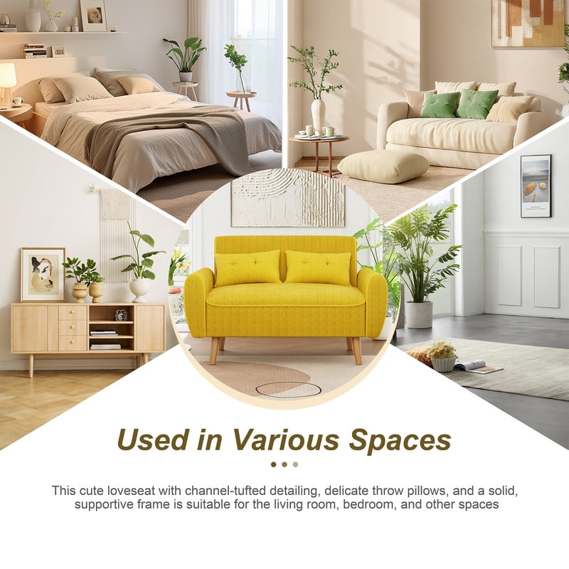 Walsunny Small Modern Loveseat Sofa, Upholstered Fabric Love Seat with Linen Cushions, Compact and Stylish for Small Spaces, Living Room, Bedroom, Office，Yellow