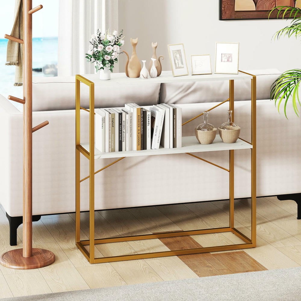 GVN 36" Console Table with Wooden Open Shelves and Metal Frame, 2-Tier Entryway Table for Hallway, Living Room, White