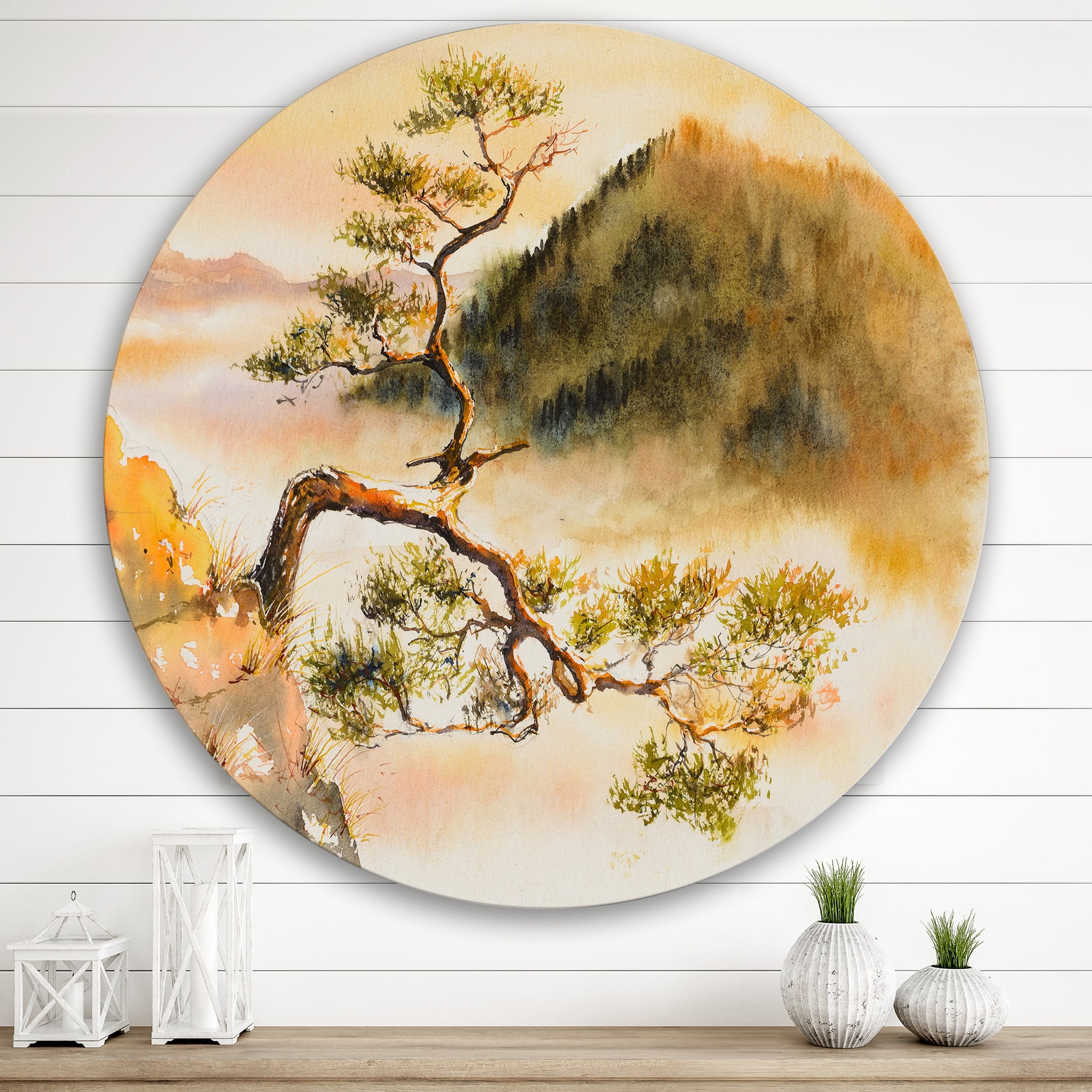 Designart 'The Top of Sokolica Peak With Curved Pine Tree' Traditional Circle Metal Wall Art 29x29 - Disc of 29