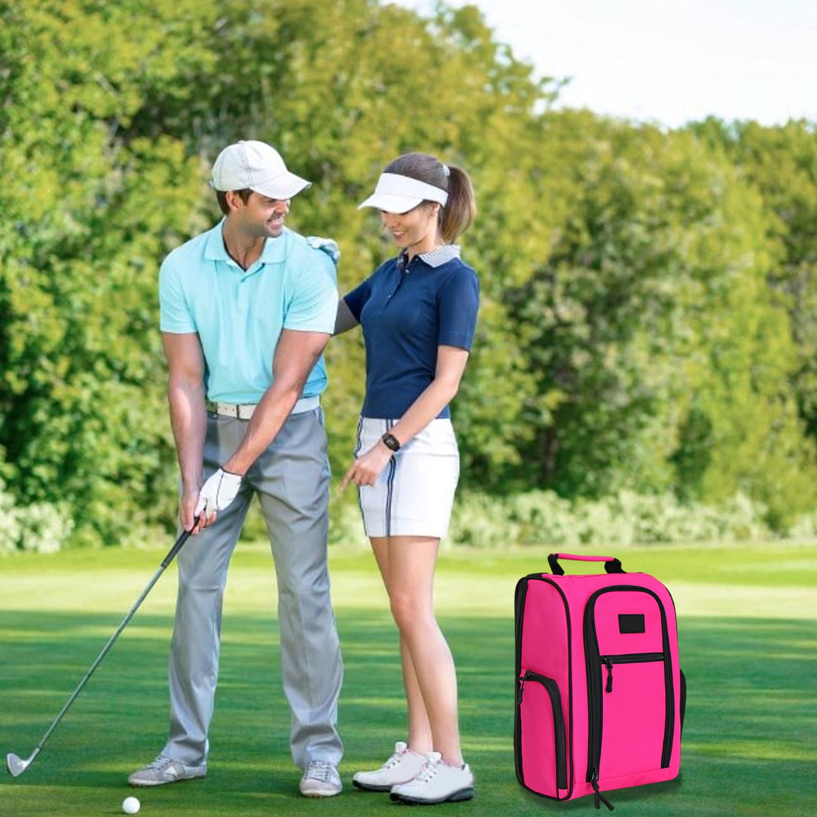 Golf Shoe Bag Portable Oxford Breathable Dustproof Travel Shoe Carrier with Side Pocket Double Zipper for Men Women Fits Up to Size 14 Hot Pink