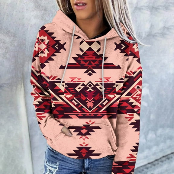 NSLGXD Women Western Ethic Hoodies Aztec Style Print Graphic Long Sleeve Sweatshirts Drawstring Hooded Pullover Tops