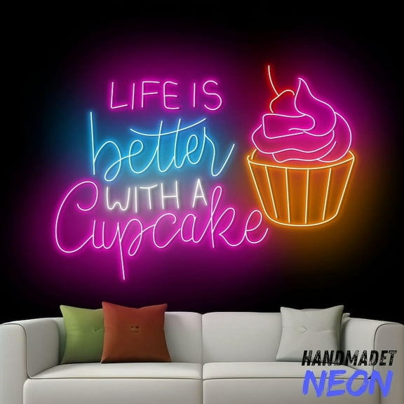 Handmadetneonsign Life Is Better With A Cupcake Neon Sign, Cupcake Led Sign, Wall Art, Bakery Wall Decor 92114