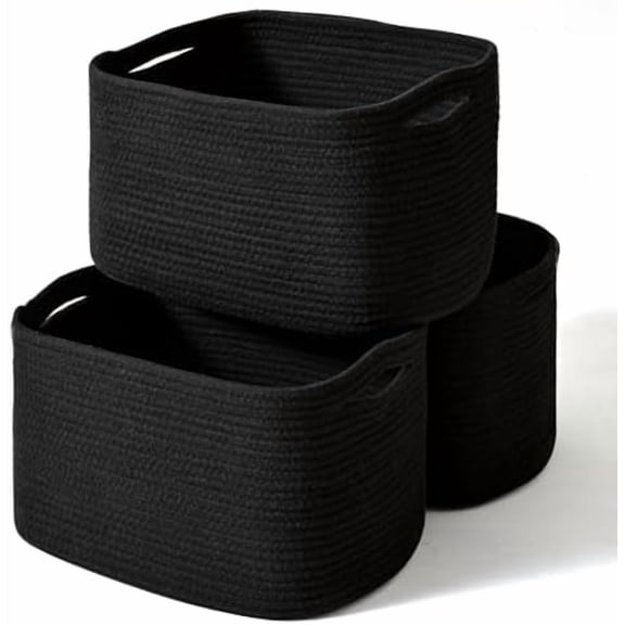 Black Storage Baskets for Organizing Shelves, Toy Basket for Nursery, Woven Cotton Rope Basket for Decor, Towel Baskets for Bathroom, 15"x11"x9.5", 3 Packs, Black