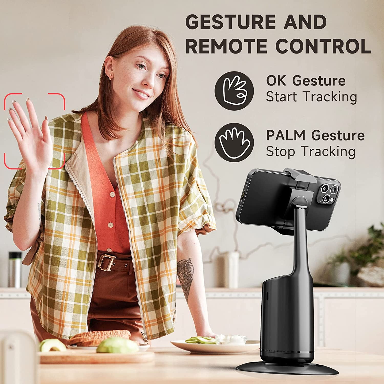 PINHEN Auto Face Tracking Tripod, 360° Rotation Auto Tracking Phone Holder, No App, Phone Camera Mount with Remote and Gesture Control, Rechargeable Smart Shooting Holder for Video Recording, Tiktok