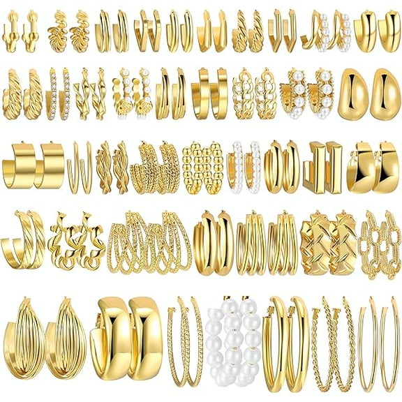 CJBZLC 42 Pairs Gold Hoop Earrings Set for Women, Fashion Chunky Pearl Earrings Multipack Twisted Statement Earring Pack, Hypoallergenic Small Big Hoops Earrings for Birthday Party