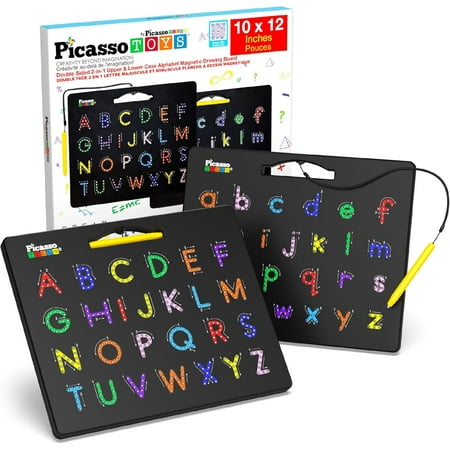 2-in-1 Magnetic Drawing Board Toy 12x10 inch Large Magnet Bead Tablet Pad with 2 Facings Alphabet+ Math STEM Free Style Educational Erasable Learning Writing Playboard in Black PTB02