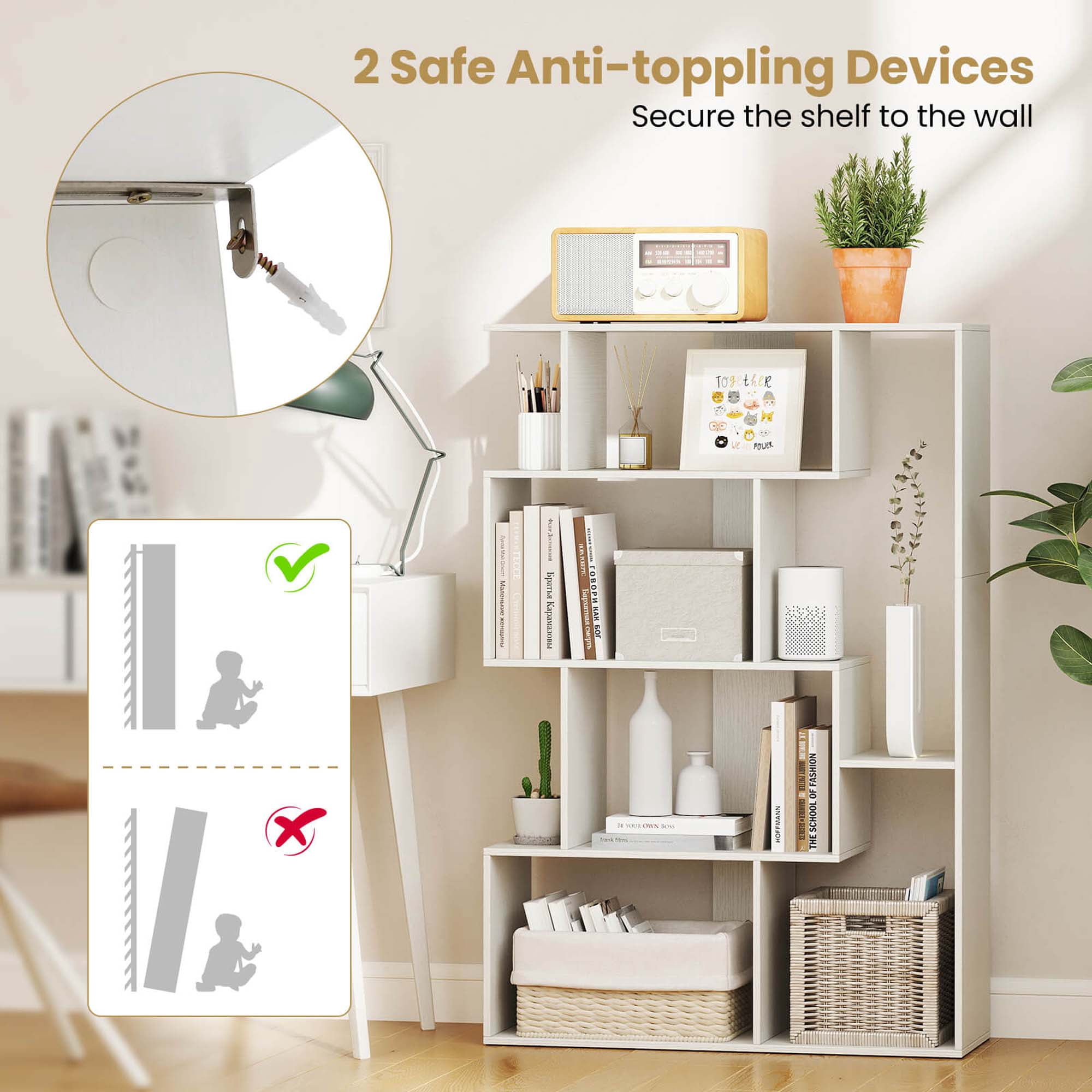 Costway 47" Open-back Geometric Bookshelf Home 6-Cube Large Bookcase with Anti-tip Kits White