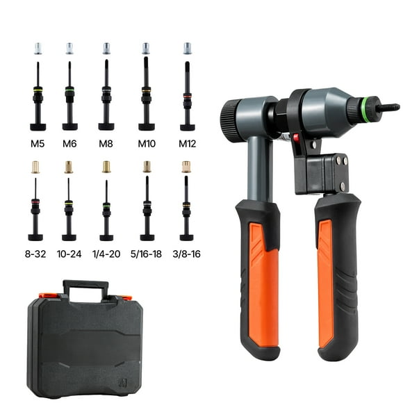 KFFKFF Rivet Nut Tool Kit, 9-Inch Ratchet Rivnut Tool Kit, with 10 Mandrels and 100 Nuts, Metric and SAE Size M5, M6, M8, M10, M12, 8-32, 10-24, 1/4-20, 5/16-18, 3/8-16 UNC