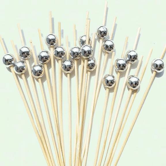 Fancy Toothpicks for Appetizers, 100 Pcs Bamboo Skewers, Silver Pearl Decor, 4.7 Inch