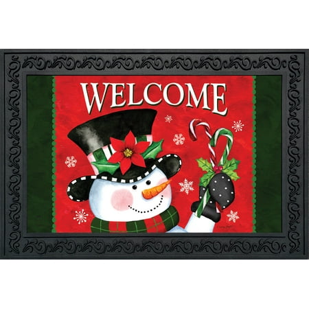 Christmas Snowman Welcome Doormat Candy Canes Indoor Outdoor