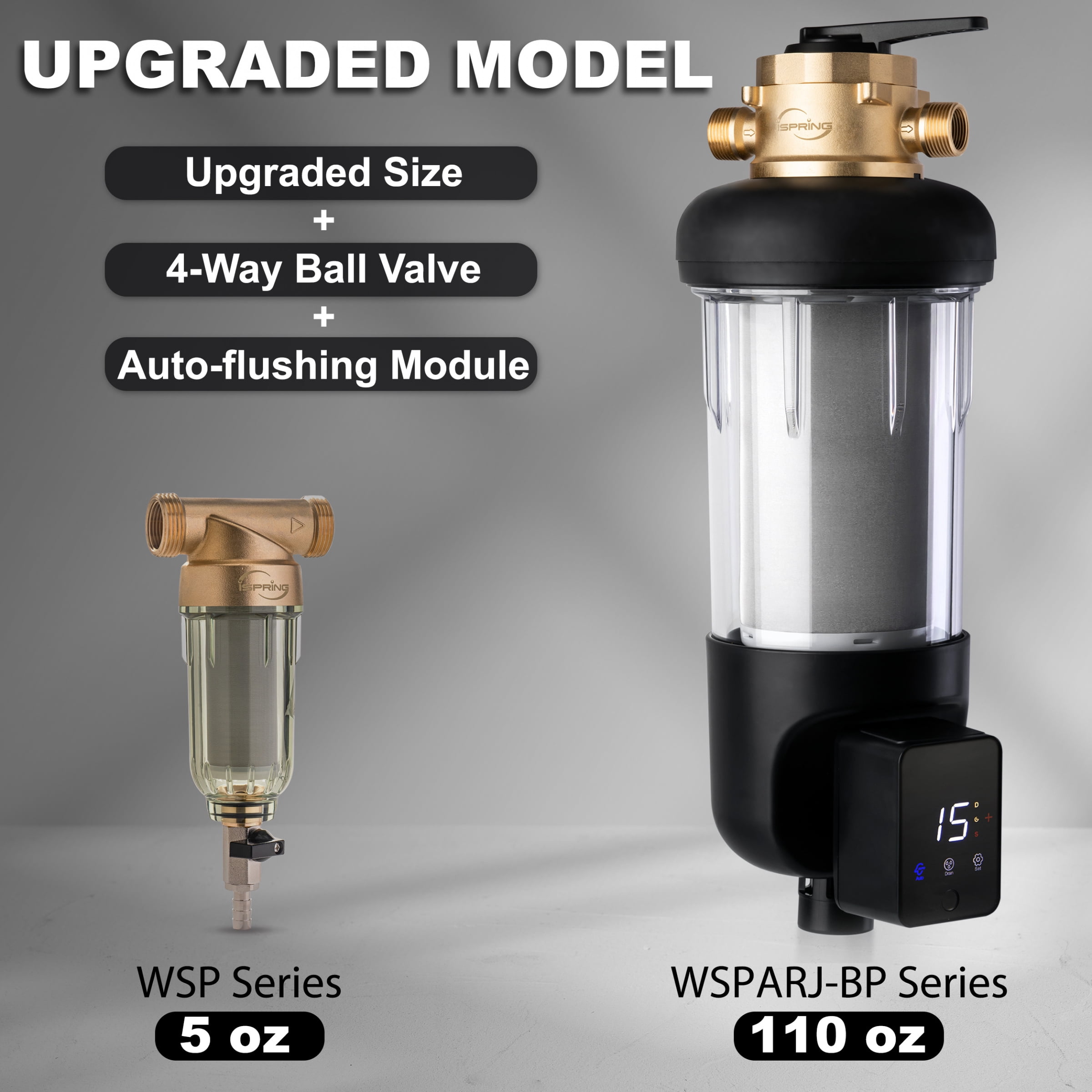 iSpring WSP50ARJ-BP Whole House Water Filter System Prefilter, Auto Flushing Spin Down Sediment Filter for Well Water, Integrated Bypass, 4-Mode Touch-Screen, Reusable, Jumbo Size, 50 Micron