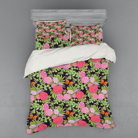 Ambesonne Floral Bedding Set 4 Pcs, Nature Themed Garden Art, Queen, Multicolor